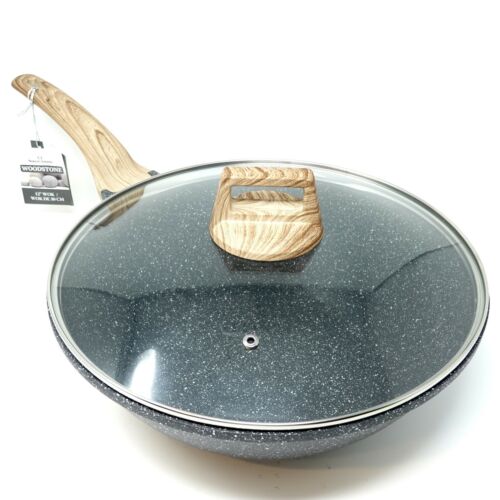 Natural Elements Woodstone Non-stick 12.5 Inches Wok With Lid Black New